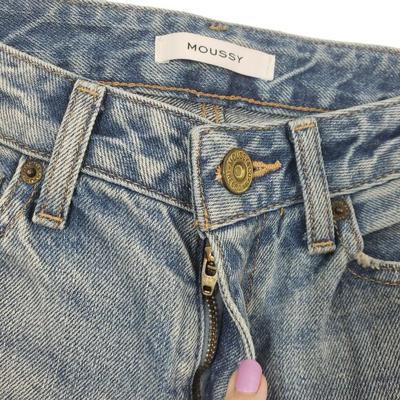Moussy Cropped Flare Blue Light Wash Cropped Straight Leg Raw Hem Jeans 24 - Picture 10 of 12